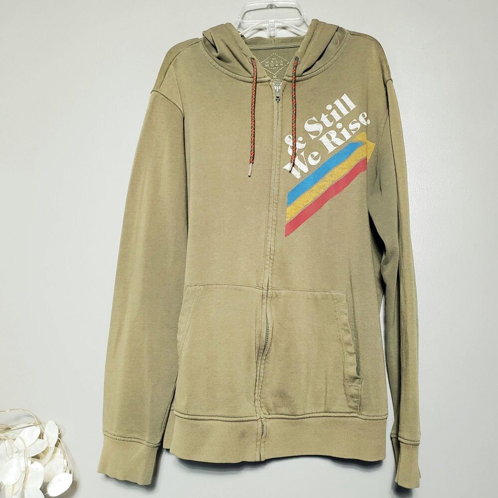 Well Worn Brand "& Still We Rise" Sweatshirt Size Medium Green Zip Up Hood READ